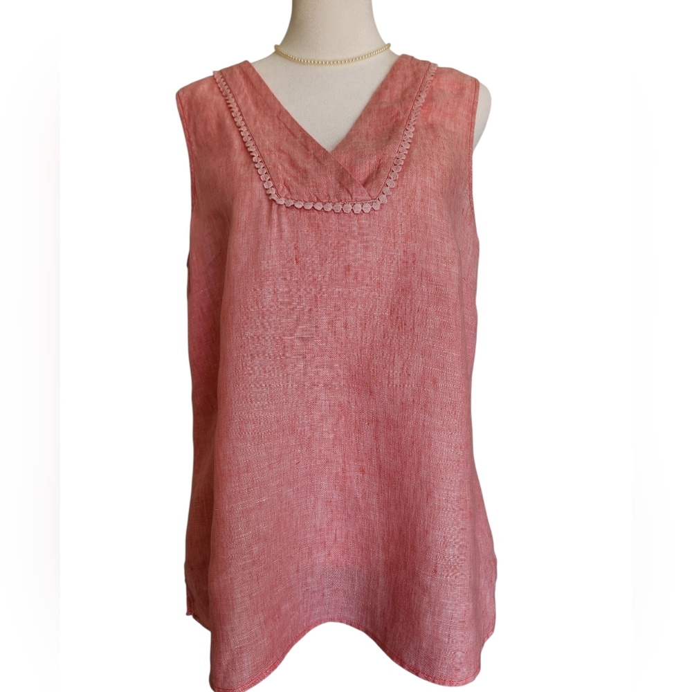 Talbots Linen Shell Cross Dye Pink Sleeveless Linen V-Neck Top - S - Picture 2 of 9